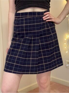 Navy and Tan Plaid Pleated Skirt